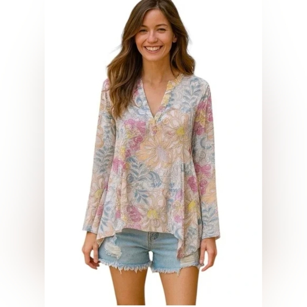 Maeve Anthropologie V-Neck Floral Coastal Long Sleeve Blouse